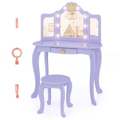 Costway Kids Vanity Set with Tri-fold Lighted Mirror Detachable Top and Stool-Purple