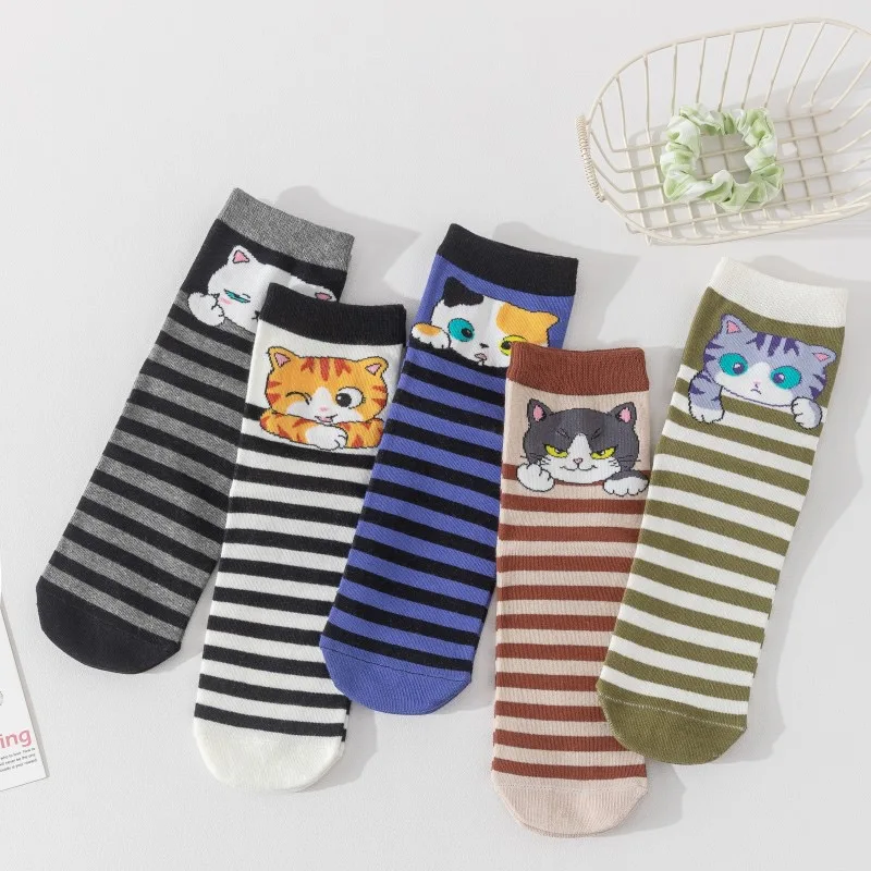 Süße Kätzchen-Socken, lustige Katze, Tier-Neuheitssocken, gestreift, Weihnachten, lässig, Strumpffüller, Weihnachten, Neujahr, Geburtstagsgeschenke Image