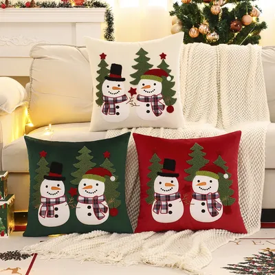 1PC Weihnachtsbaum Dekokissenbezug Samt Stickerei Schneemann Weihnachtsdekoration Wohnzimmer Image