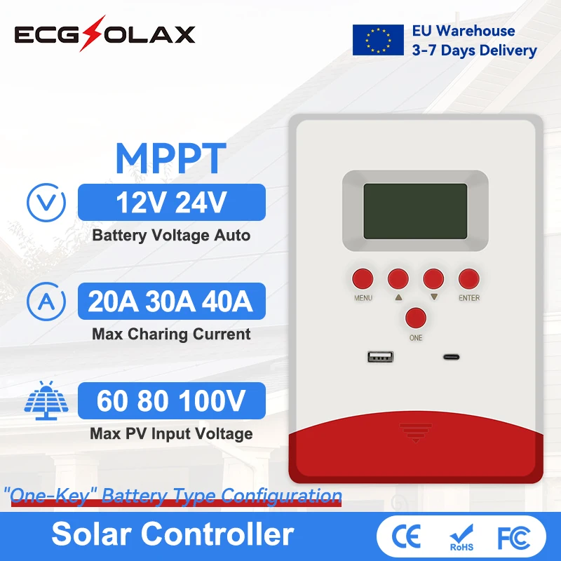 regolatore di carica mppt ECGSOLAX 20A 30A 40A MPPT regolatore di carica solare 12V 24V regolatore di pannello solare automatico Max PV 100VDC regolatore di ricarica solare regolatore carica solare