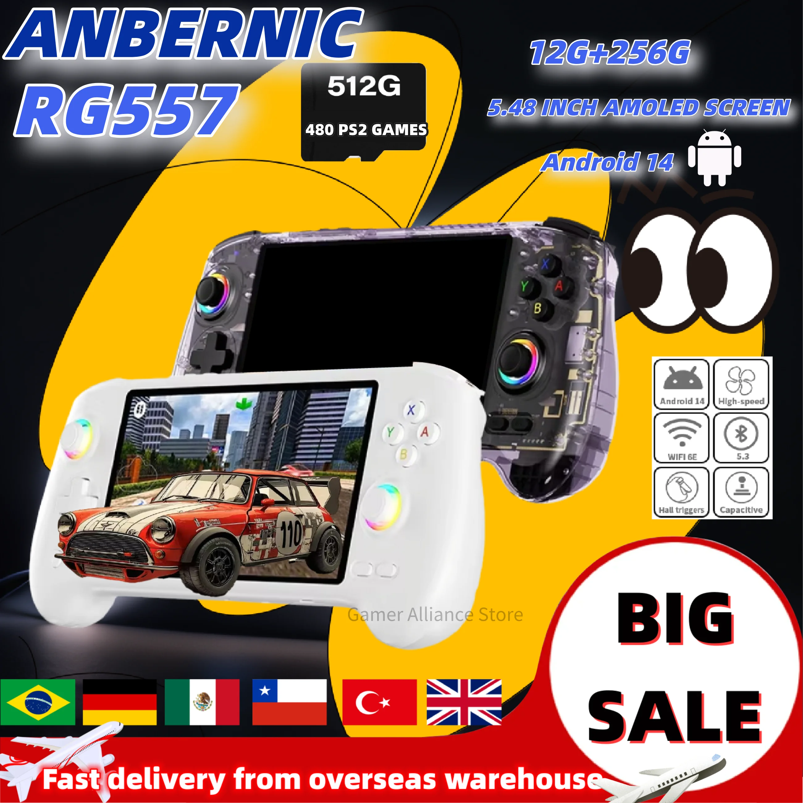 ANBERNIC RG557 Console di gioco portatile Lettore video retrò Schermo AMOLED da 5,48 pollici Dimensity 8300 Android14 RG 557 12G + 256G PSP PS2 NUOVO