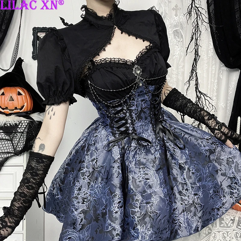 Vintage Elegante Spitze Trim A-Line Mini Kleider Y2K Goth Floral Lace-up Kurzes Kleid Kurzarm Kittel Frauen Herbst neue Mode Image