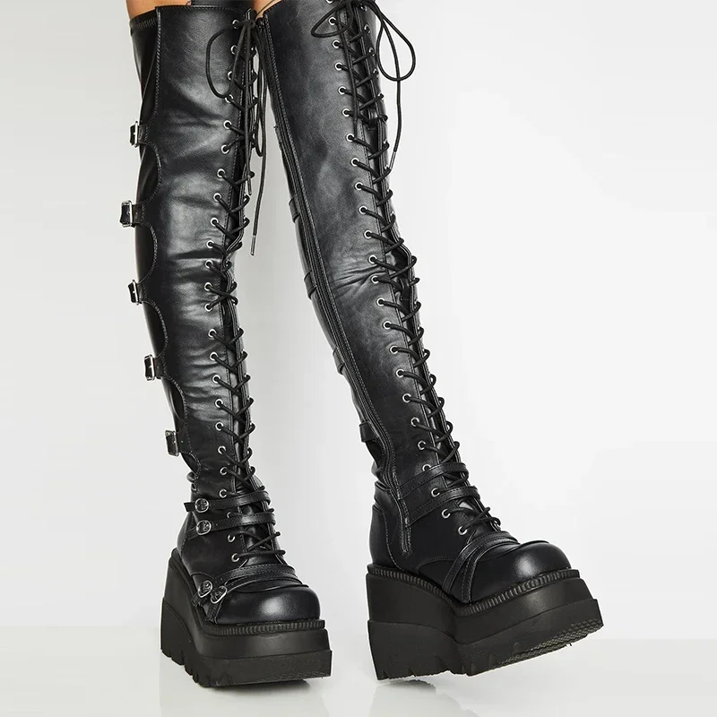 Punk Overknee-Stiefel für Damen, Plateau-Absätze, Gürtelschnalle, Stiefel, Motorrad, Goth-Schuh, Oberschenkelhohe, flache Stiefel, Übergröße 42 43