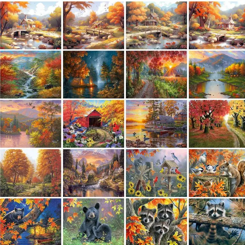 GATYZTORY DIY Malen nach Zahlen Kits Herbstlandschaft Handgemalte Ölfarbe nach Zahlen Einzigartiges Geschenk für Heimdekoration 40x50 cm Image