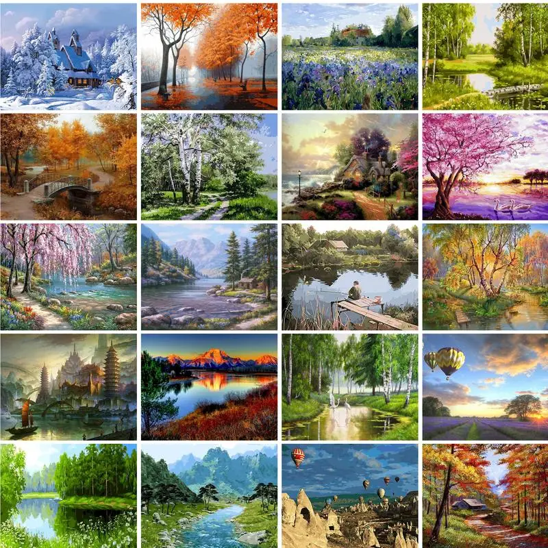 GATYZTORY Rahmenloses Malen nach Zahlen, vier Jahreszeiten, Landschaft auf Leinwand, Bilder nach Zahlen, Heimdekoration, DIY für Uni Image