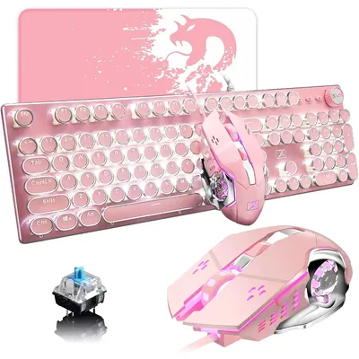 X9 Pink Typewriter Keyboard and Mouse,Retro Vintage Mechanical Gaming Keyboard with White LED