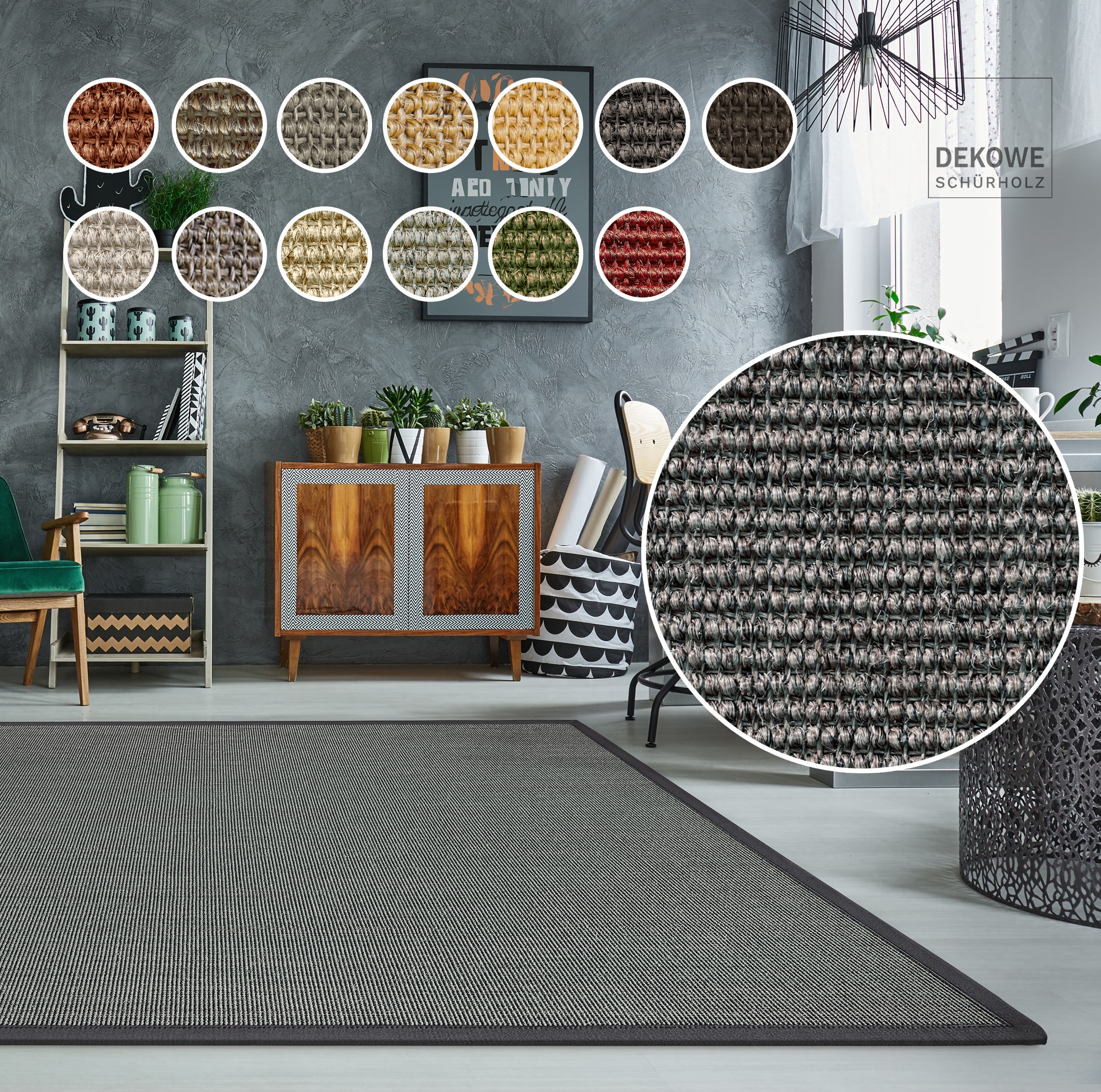 Sisalteppich DEKOWE "Mara S2 mit Bordüre", grau (anthrazit), B:67cm H:5mm L:133cm, Sisal, Teppiche, Flachgewebe, Material: 100% Sisal, Wohnzimmer, Kundenliebling Image