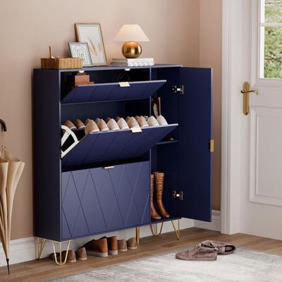 Schuhschrank mit 2 Klappen und 2 Türen, 110x24x120cm, Schuhkommode, Schuhkipper schmal, Schrank Image