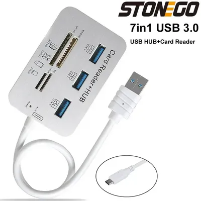 STONEGO 7-in-1 Card Reader with 3 Ports USB 3.0, Built-in MS,Micro SD,SD/MMC,M2,TF Card Slots ABS