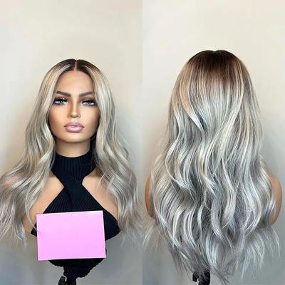 Human Hair 5x5 Closure 13x4 Lace Front Wig Middle Part Brazilian Hair Wavy Dark Gray Wig 130% 150% Density with Baby Hair Ombre Hair Natural Hairline Glueless For Women Long Human Hair Lace Wig