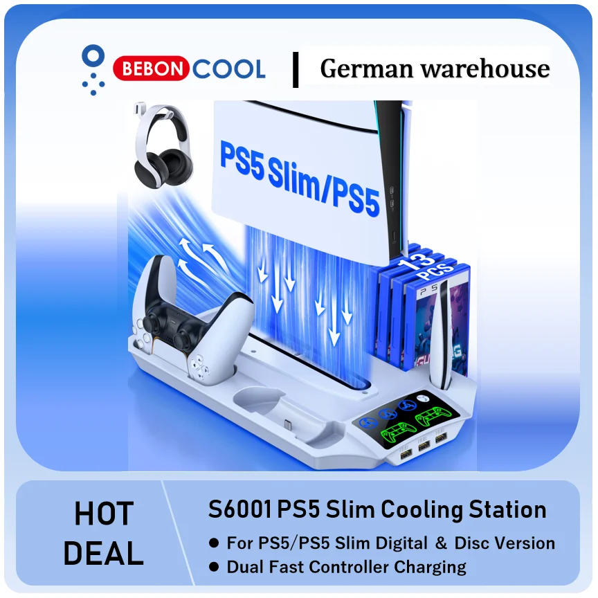 BEBONCOOL S6000 Vertical Stand For PS5 Slim/PS5 Cooling Station Notebook-Grade Cooler Playstation 5 Dual Fast Controller Charger