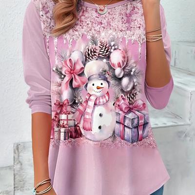 TEMU Dress Up The Christmas Snowman And Christmas Gift Print Round Neck Long Sleeve T-shirt