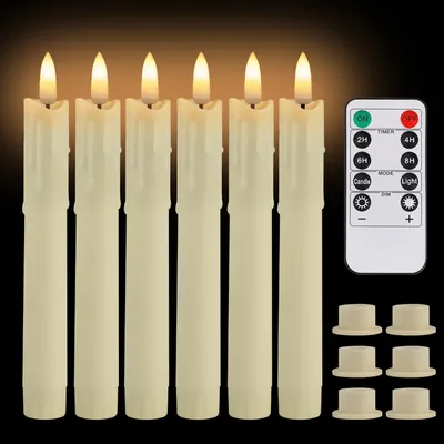 Pack of 6 LED Battery Operated Flameless Flickering Ivory Taper Candles with 10-Key Remote Window Christmas Home Wedding Decor