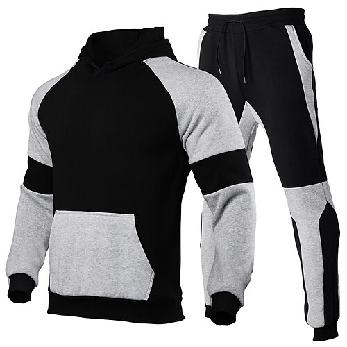 Herren Trainingsanzug Jogginganzug Kordelzug Tasche Farbblock Kapuzenpulli und Hose Sportbekleidungsset Frühling Schwarz Rot Fitnesstraining Joggen Laufen Weich Atmungsaktiv Langarm Sport Image