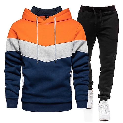 Herren Trainingsanzug Jogginganzug Kordelzug Tasche Farbblock Kapuzenpulli und Hose Sportbekleidungsset Frühling Herbst Cachi scuro Weiß Fitnesstraining Joggen Laufen Weich Atmungsaktiv Langarm Sport Image