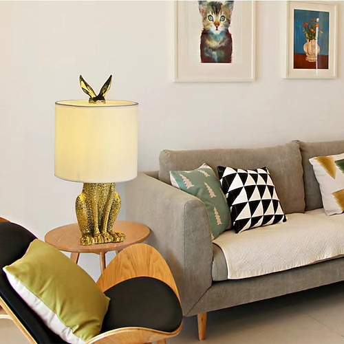 Schreibtischlampe, moderne Tischlampe aus Kunstharz, weißer kleiner weißer Kaninchen-Lampenkörper, Nachttischlampe für Schlafzimmer, 90–240V Image