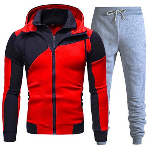 Herren Trainingsanzug Jogginganzug Kordelzug Tasche Farbblock Jacke und Jogginghose Sportbekleidungsset Frühling Herbst Weiß Rot Fitnesstraining Joggen Laufen Weich Atmungsaktiv Langarm Sport Image