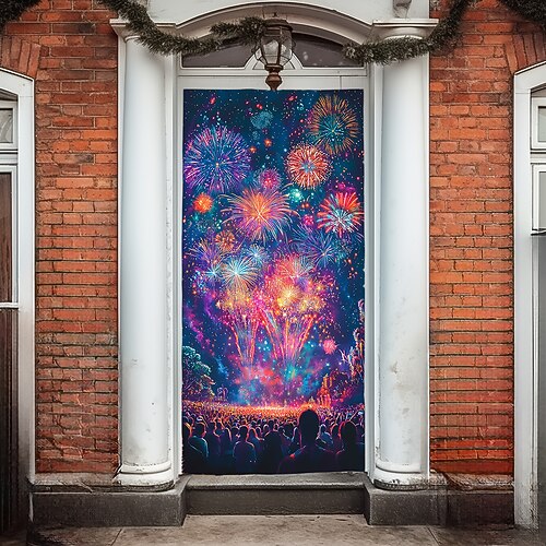 Wandteppich Türdekorationen, Türabdeckungen, Frohes neues Jahr, Feuerwerk, Türteppich, Türvorhang, Dekoration, Hintergrund, Türbanner für drinnen und draußen, für die Haustür, Bauernhaus Image