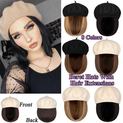 1Pc Black & Apricot Cap Beret Hat With Hair Extensions For Ladies Girls Daily French Wool Artist Cap Solid Classic Attached Straight Short Bob Hairpiece In Autumn Winter