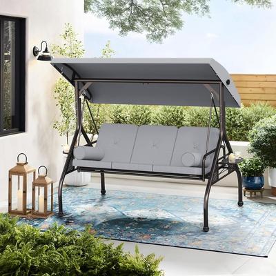 Outdoor Patio 3-Seat Porch Swing Cushioned Seat Bench Chair with Adjustable Tilt Canopy & Side Trays