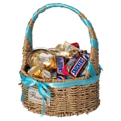 Small Seagrass Wicker Picnic Basket with Handle - Versatile Gift Basket with Blue Ribbon for New Year and Other Occasions