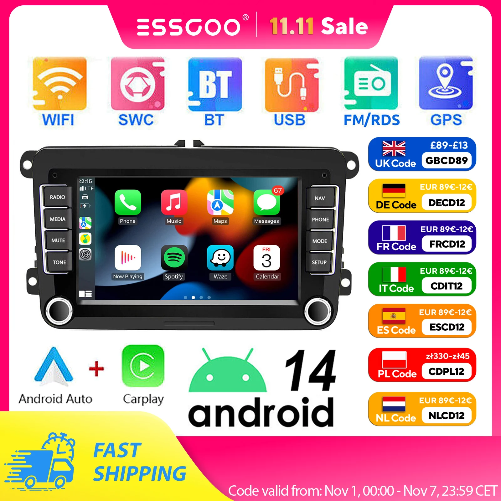 ESSGOO 7" Android 14 4G+64G Apple Carplay Autoradio GPS NAVI WIFI RDS FM Bluetooth für VW Golf 5 6 Passat Polo 6R Touran Tiguan Caddy EOS Jetta Seat Skoda Touchscreen Mirror Link USB Android Auto Image