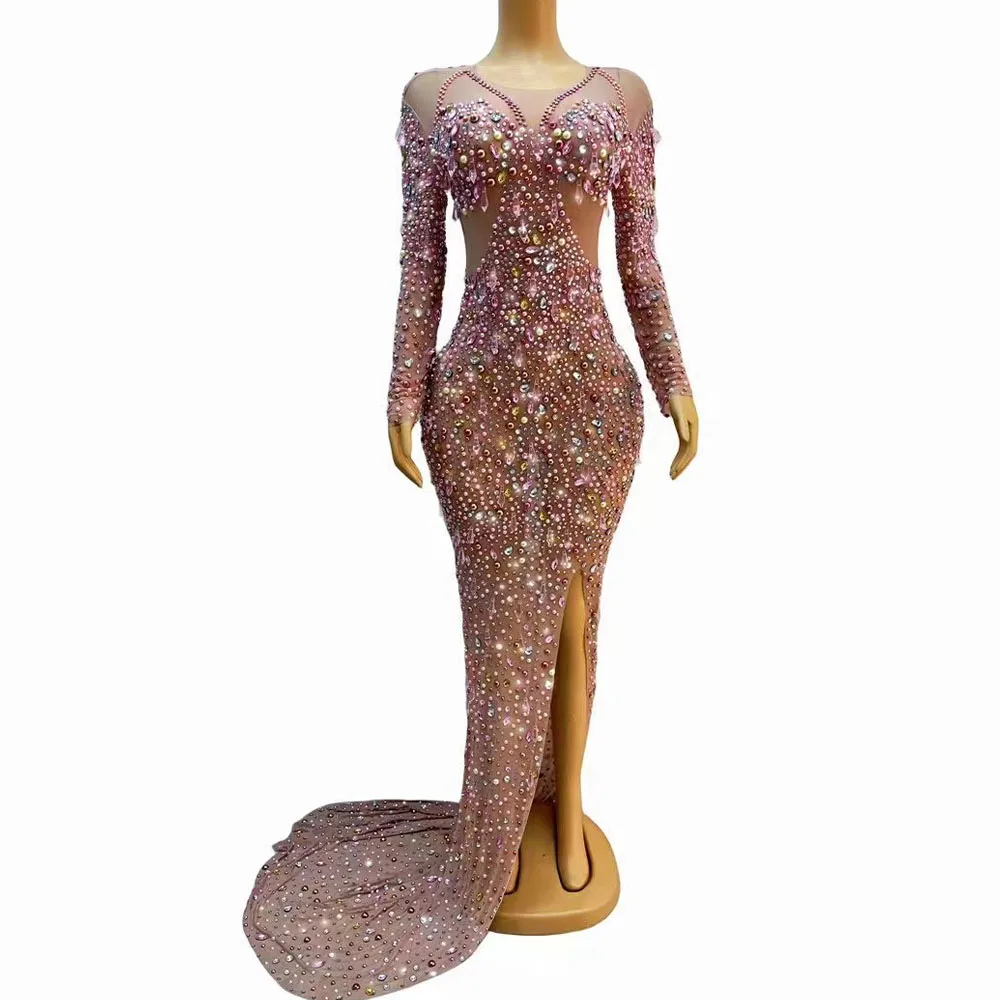 Sexy Bühne Luxuriöse Rosa Perlen Kristalle Große Schleppe Split Kleid Abend Geburtstag Feiern Party Tanz Strass Kostüm