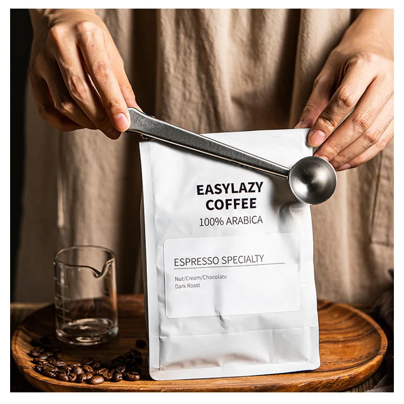 Zwei-in-eins Edelstahl Kaffee Löffel Dichtung Clip Küche Kaffee Scoop Lebensmittel Dichtung Clip Multi-funktion Kaffee bohnen Messlöffel Image