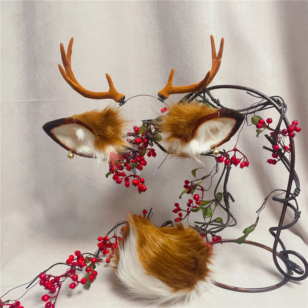 Neue handgemachte Arbeit Halloween Hirschohren Horn Hairhoop Kopfbedeckung Schwanz zur Auswahl Braunes Kostümzubehör nach Maß Image