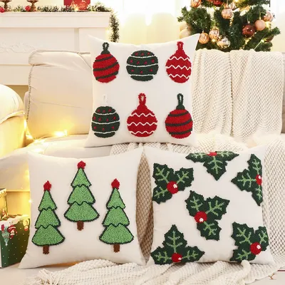 1 x Weihnachtsdekoration, Kissenbezug, Leinwand, getuftet, Weihnachtsbaum, Blumen, Glocke Image