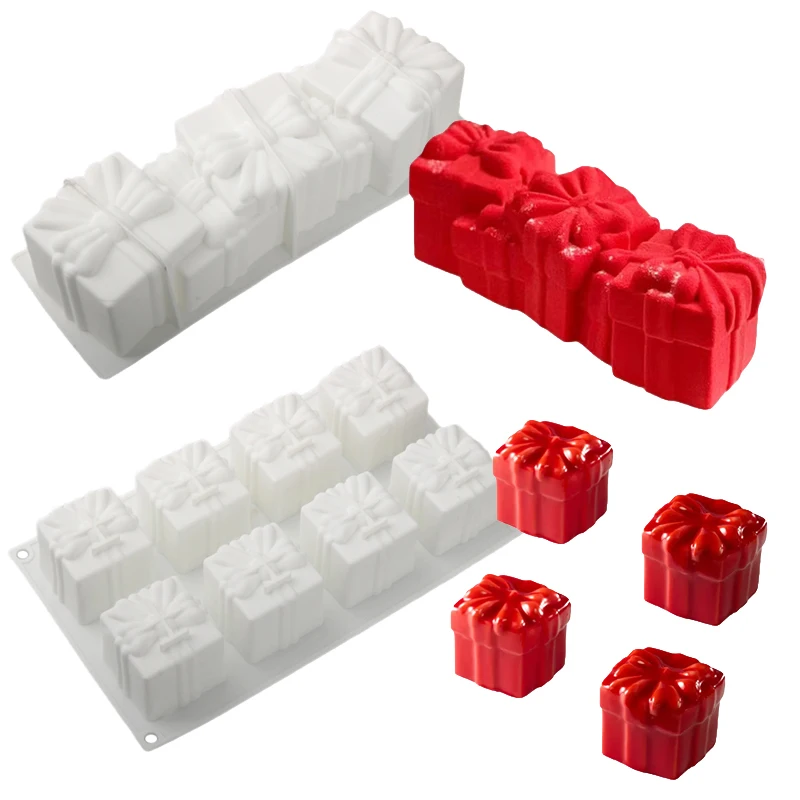 8-Kavität oder lange Weihnachts geschenk box Design Mousse Kuchen form Silikon Kuchen Backform Weihnachten Französisch Mousse Dessert Werkzeuge Image