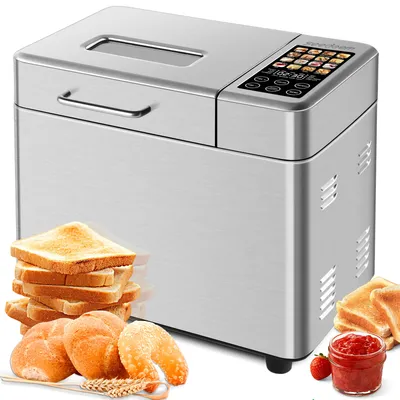 16 in 1 Bread Machine,Stainless Steel,With Fruit & Nut Dispenser,Nonstick Ceramic Pan,3 Loaf Sizes &