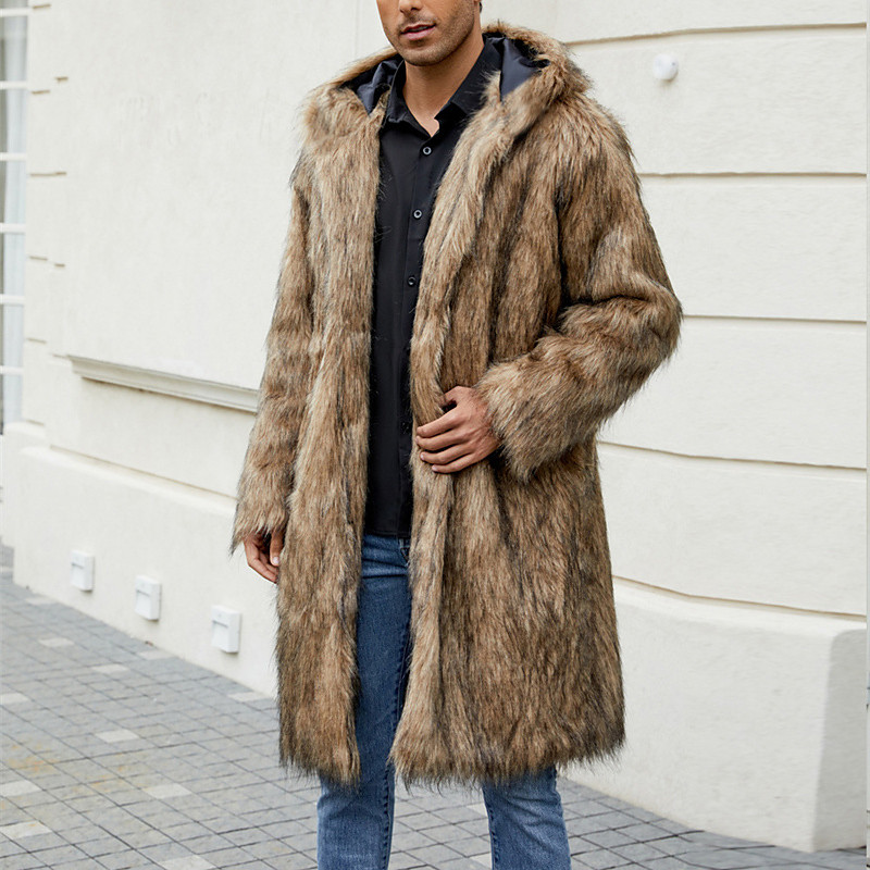 Men's Winter Jacket Fleece Jacket Faux Fur Coat Daily Vacation Thermal Warm Keep Warm Fleece Fall Winter Leopard Print Fashion Streetwear Hooded Long Black White Yellow Jacket