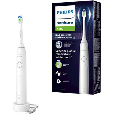 Elektrische Zahnbürste PHILIPS SONICARE "Series 5300 HX7108/01" Elektrozahnbürsten weiß (.) mit Andruckkontrolle, 2 Intensitätsstufen, inkl. Ladegerät