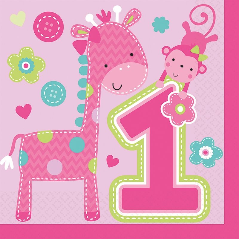 16 grosse Servietten 1. Geburtstag Mädchen Tiere Image