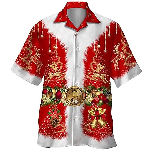 Noël Homme Costume de Noël Chemise Manche Courte Abstrait Noël Soirée Été Printemps Automne Col montant Rouge