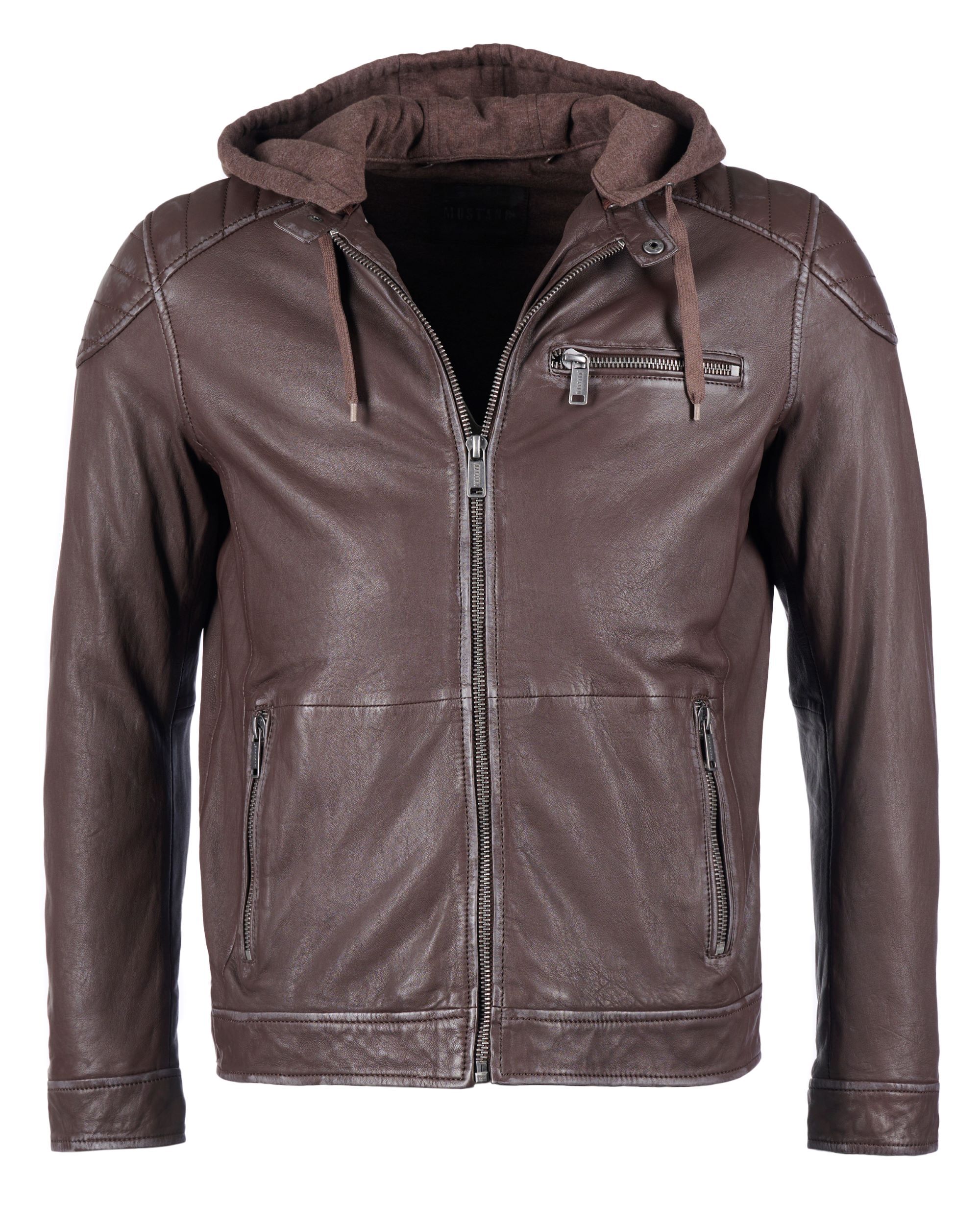 Lederjacke MUSTANG "31023163", Herren, Gr. M, braun (schwarz braun), Obermaterial: 100% Schafsleder; Futter: 60% Baumwolle, 40% Polyester; Ärmelfutter: 100% Polyester; Kapuze: 55% Baumwolle, 45% Polyester; Taschenfutter: 100% Baumwolle, ohne...