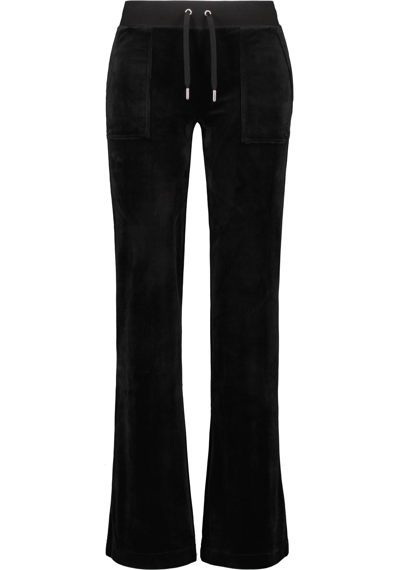 Sweathose JUICY COUTURE "LAYLA LOW RISE POCKETED FLARE PANT Damen", Damen, Gr. L, EURO-Größen, schwarz, Samt, 95% Polyester, 5% Elasthan, figurbetont, Hosen Sweathose, Trainingshose Damen, Sweathose, Velour, Jogginghose mit Glitzer, Sale Image