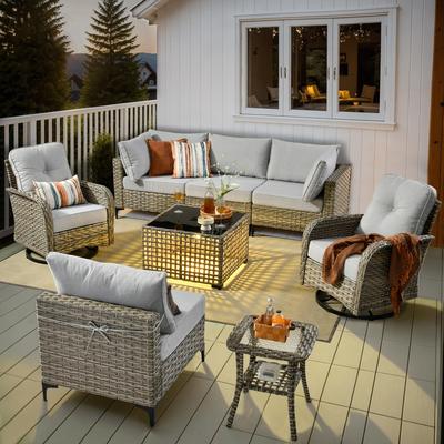 OVIOS 8 Pieces Outdoor Wicker Swivel Chair Set With Solar-Powered Coffee Table