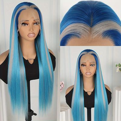 TEMU Ombre Blue Gray Mixed Color Synthetic Lace Front Wigs 13x4 Free Part Pre Glueless Heat Resistant Blue Skunk Hair For Fashion Women Girls Party Vacation Use