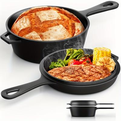 TEMU Liferun And Pan, Warehouse, Cast Iron With Lid, 2-in-1 Multi Cooker, Deep Pot (3.2qt)+ Frying Pan (1.4qt), Dutch Oven, Oven Cookware, Works For Oven, Stove, Grill, Campfire