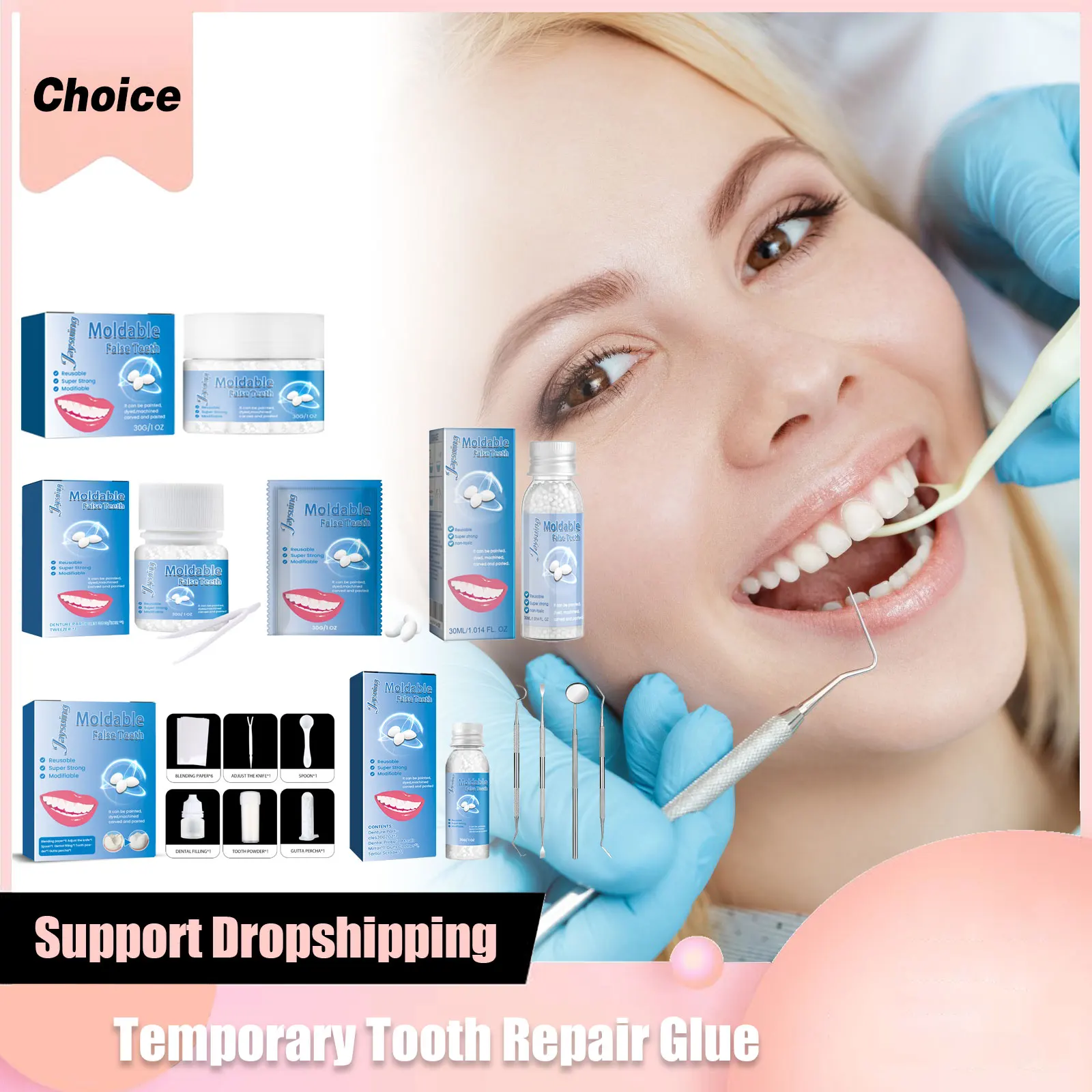 Temporäres Zahnreparaturset, falsche Zähne, fester Kleber, Zahnlücken, fehlende gebrochene Zähne, Füllung, formbares, aufhellendes Prothesen-Klebeset Image