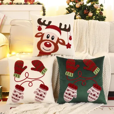 1PC Weihnachten Hirsch Dekokissenbezug Samt Stickerei Handschuhe Weihnachtsdekoration Wohnzimmer Image