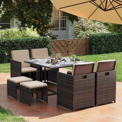 SONGMICS Garden Furniture Set Dining Table and Chairs, Set of 9 PE Rattan Outdoor Patio Furniture,