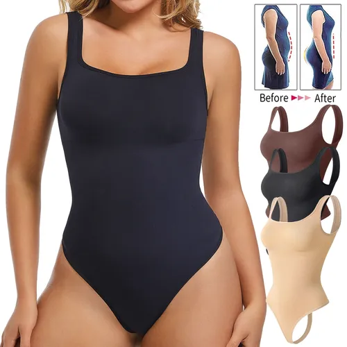 Womens Waist Trainer Body Shaper Square Neck Tank Tops Seamless Tummy Control Shapewear with Thong Butt Lifter Bodysuits
