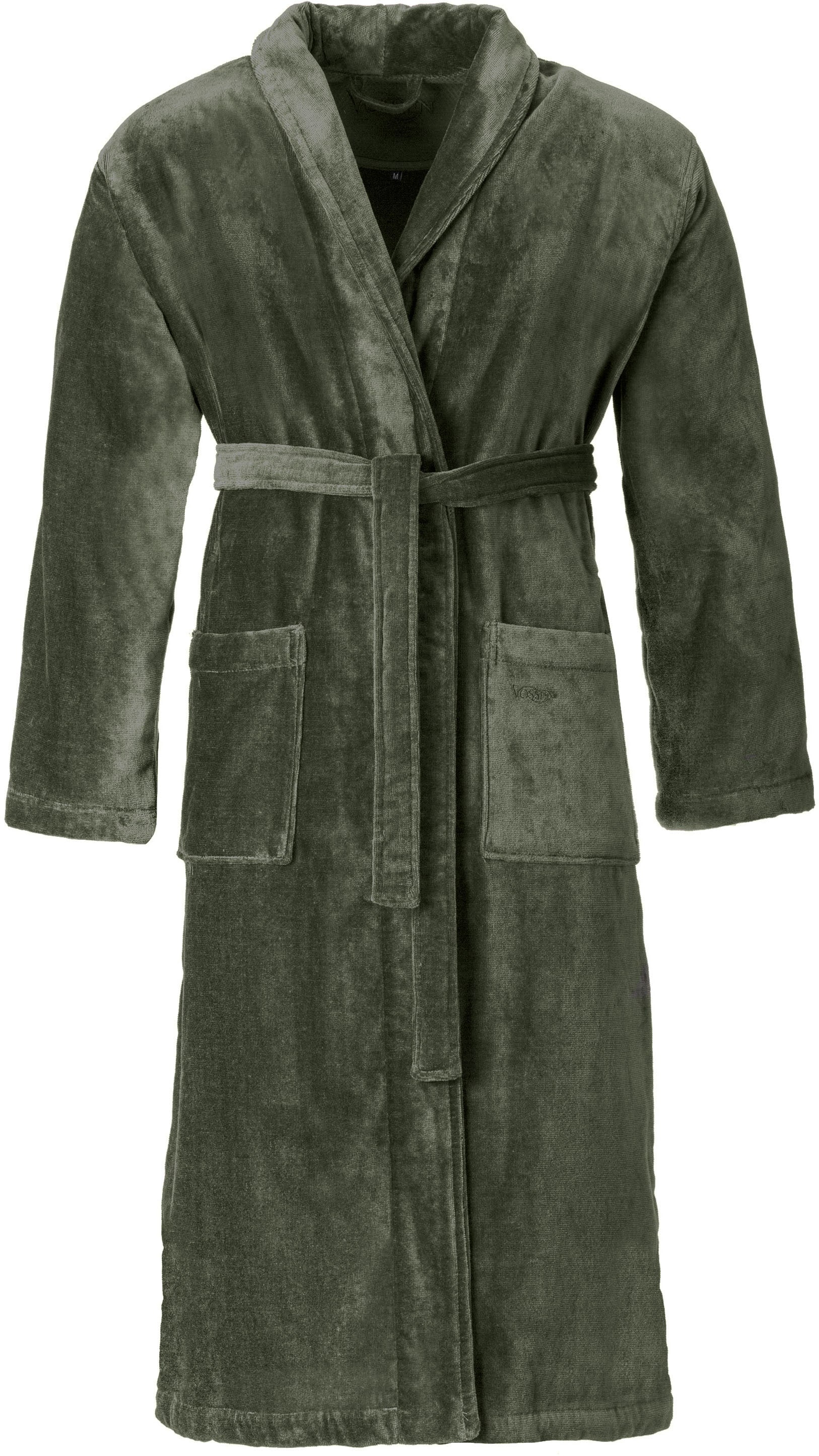 Bademantel VOSSEN "Feeling-L, ideal für Sauna & Spa, Hotelbademantel, Morgenmantel" Gr. M, grün (mud grün), L:124cm, Baumwolle, Hausmäntel, Bademantel, mit hohem Kragen