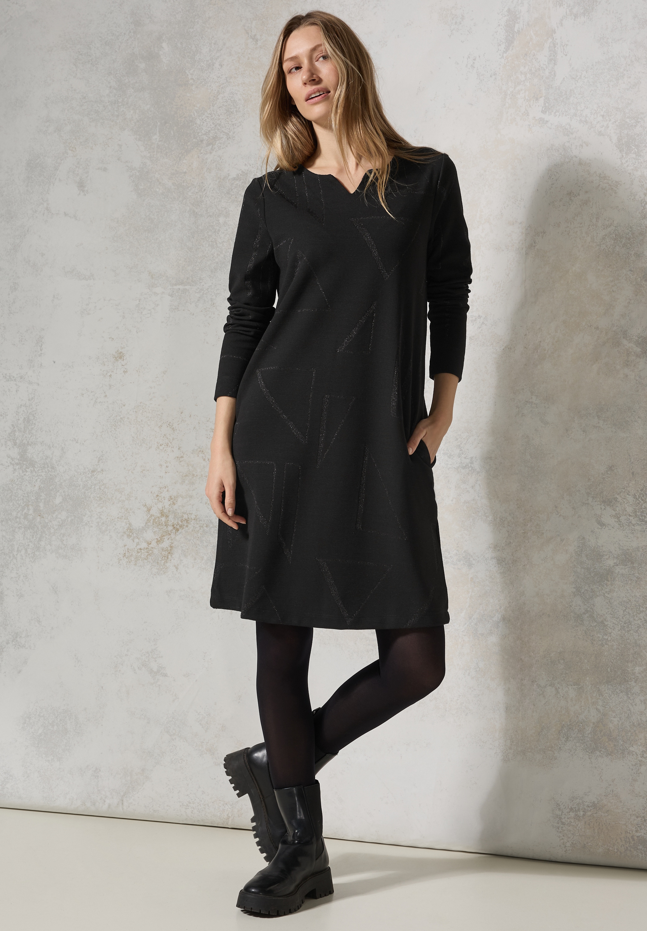 Strickkleid CECIL, Damen, Gr. S (38), US-Größen, schwarz, Stoff, 66% Polyester, 20% Viskose, 10% metallisierte Fasern, 4% Elasthan, gemustert, normal kniefrei, Rundhals, Bündchen, Kleider Strickkleid, knielang