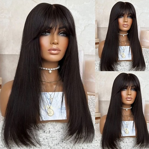Echthaar 13x4 Spitzenfront Perücke Mit Pony Brasilianisches Haar Seidig gerade Schwarz Perücke 130% 150% Haardichte mit Babyhaar 100% Jungfrau Mit gebleichten Knoten Vorgerupft Für Damen Lang