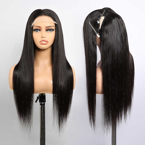 13x4 transparente, austauschbare Reißverschluss-Spitzenperücken aus menschlichem Haar, vorgezupfter Haaransatz, 150er Dichte für schwarze Frauen, natürliche schwarze Farbe Image