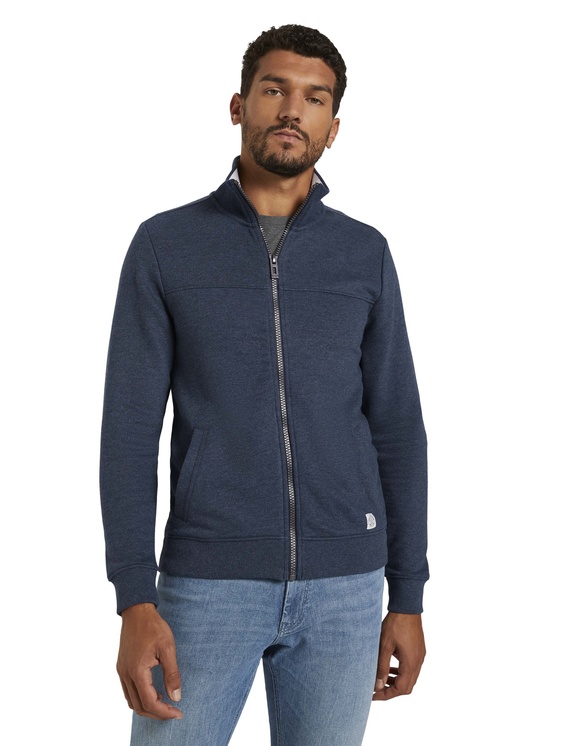 Sweatjacke TOM TAILOR, Herren, Gr. L, blau (blau meliert), Sweatware, Obermaterial: 60% Baumwolle, 40% Polyester, regular fit, Rippbündchen, Sweatjacken Sweatjacke, mit halswärmendem Stehkragen